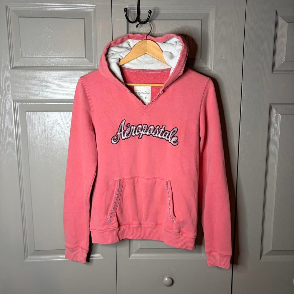 Aeropostale Pink Hoodie Women XL Y2K Preppy Pullover V-Neck Sweatshirt